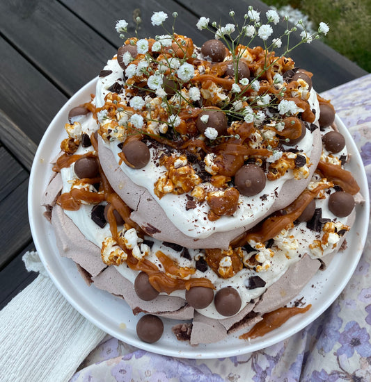 Chocolate Salted Caramel Pavlova with Salted Caramel Popcorn